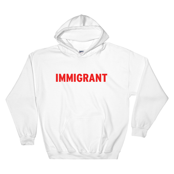 White hoodie with red immigrant print