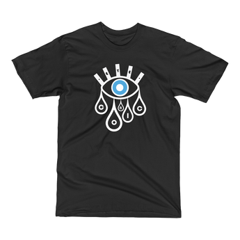 Black t-shirt with blue Eyeconic Timepiece print